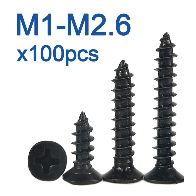 100ชิ้น/ล็อต M1.2 M 1.3 M1.4 M1.5 M1.6 M1.7 1.8 M2.2 2.5 2.6เหล็กคาร์บอนดำ Phillips Flat Countersunk Mini สกรูด้วยตนเอง 1