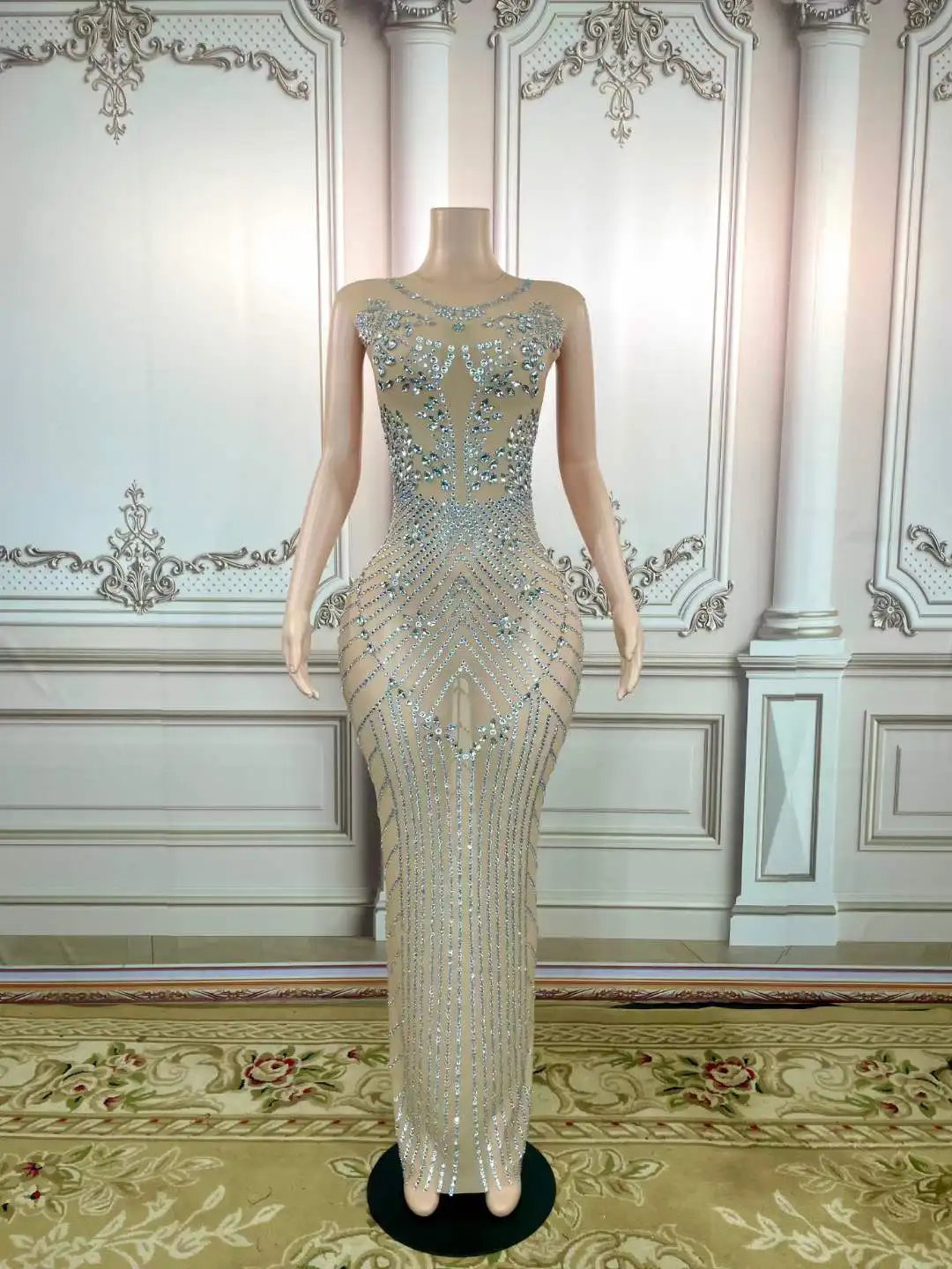 

Stunning Rhinestone Maxi Long Dress Women Sleeveless O Neck Drag Queen Outfit Birthday Evening Sexy Stage Wear Party Perform