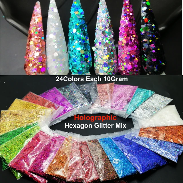 24Color 10G Holographic Laser Iridescent Chunky Glitter Mix Hexagon Paillette Shape for Nail Art Body Makeup Craft Facepaint DIY