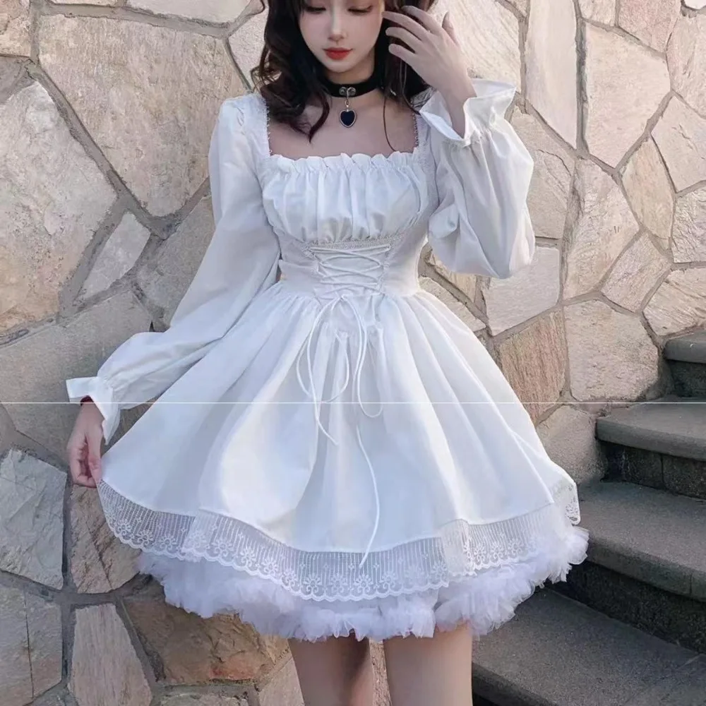 Vintage Gothic Dark Black Dress Japanese Harajuku Sweet Lolita Streetwear Square Neck Lace Women Lolita Dress White Long Sleeve