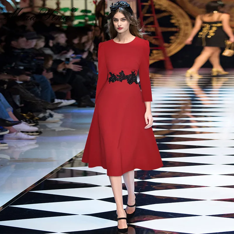 

Dresses For Women 2022 Luxury Designer Elegant Runway Autumn Designer Wrist Sleeve Luxury Applique Diamond Bead Slim Red Dresses