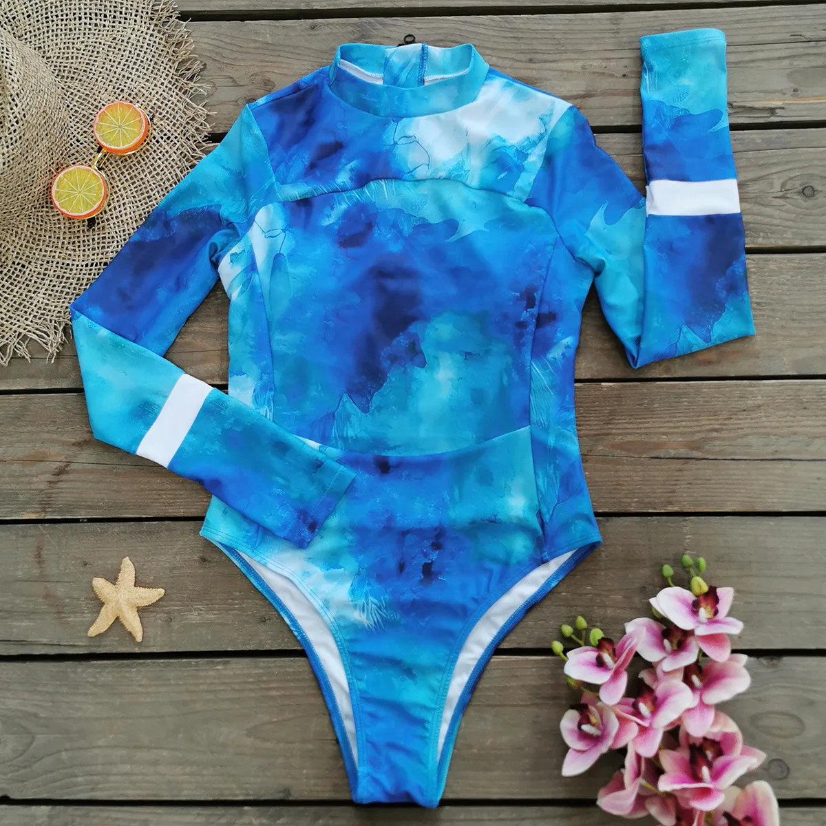 Rash Guard Surfing Swimsuit Women's Vintage Long Sleeve Rash Guard Surfing Suit Print Push Zip Up One Piece Swimsuit Sport Swimwear Beachwear Bodysuit