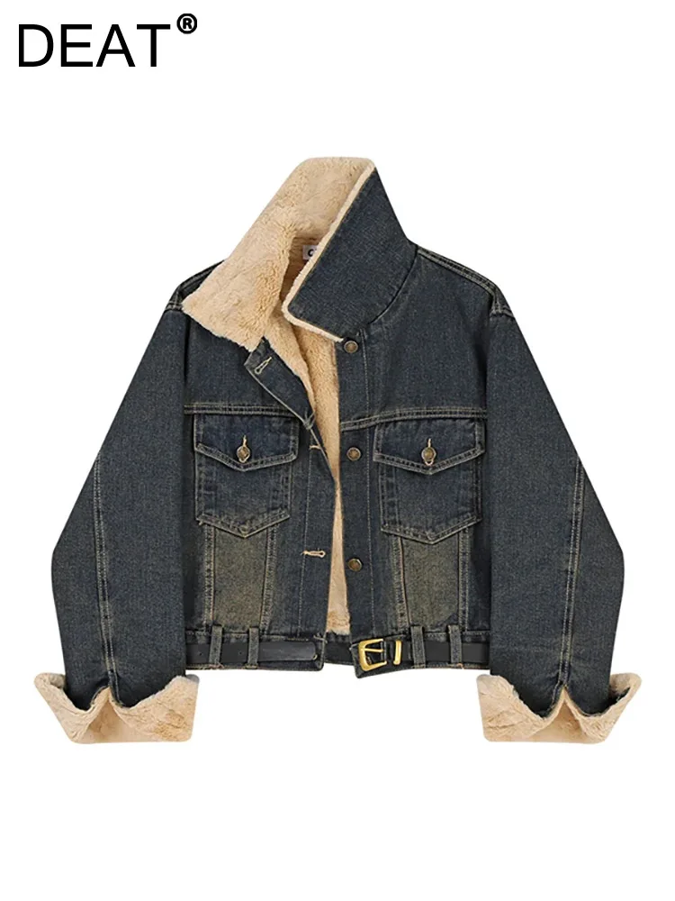 

DEAT Women's Denim Coat Belt Waist Single Breasted Plus Collar Thicken Warm Blue Short Jackets 2023 Winter New Fashion 29L5412