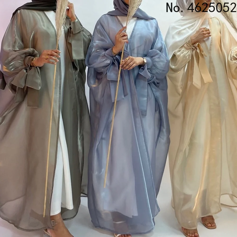 2022 Ramadan New Design Muslim Women Open Abaya Long Puff Sleeves Robe Shinny Islam Cardigan Evening Party Open Front Maxi Dress