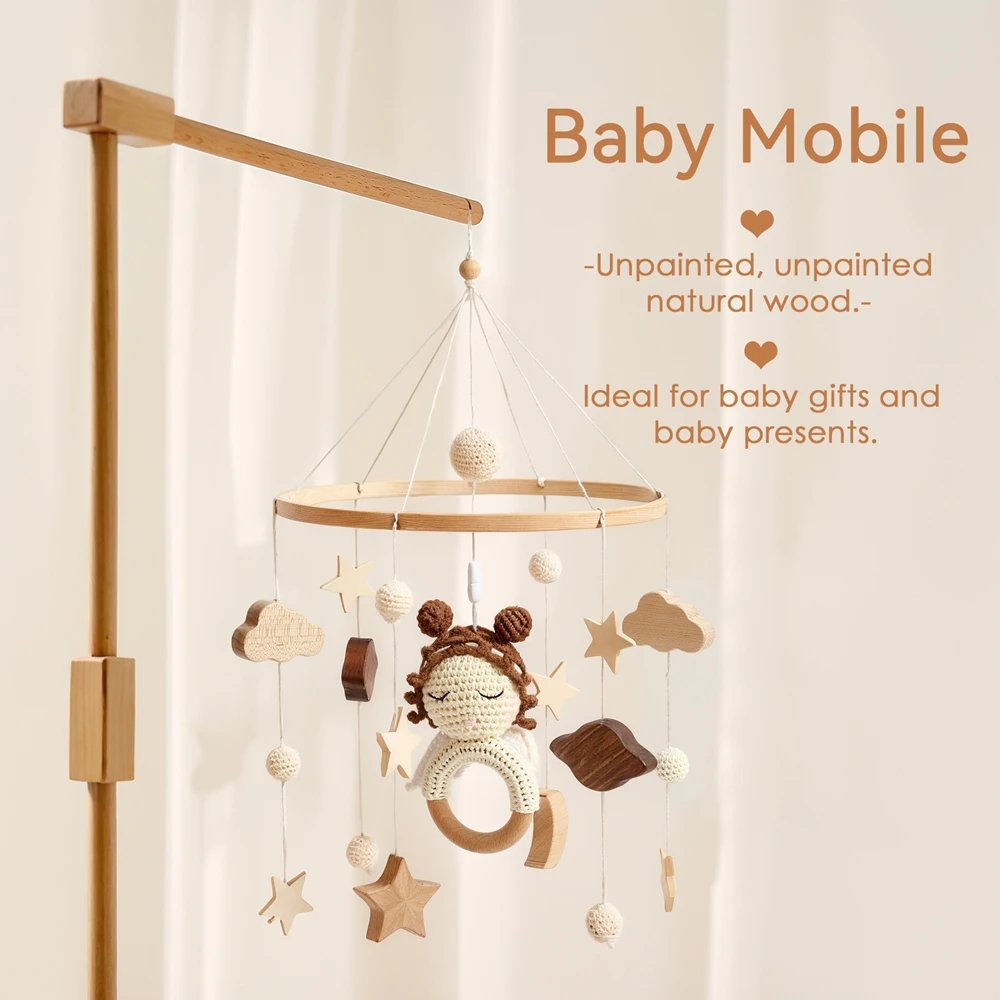 Wooden Crib Mobile Baby Bed Bell Rattle Toy Crochet Cartoon Angel Mobile Hanging Newborn Music Box Bed Bell Hanging Bracket Toy 5