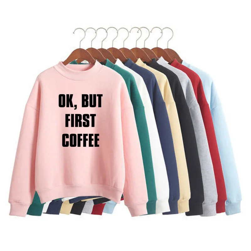 

OK, BUT FIRST COFFEE Print Woman Sweatshirt Sweet Korean O-neck Knitted Pullover Thick Autumn Winter Candy Color Girl Clothes