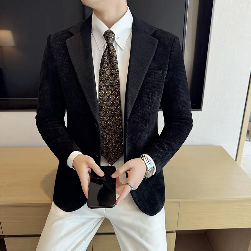 Chenille Blazer Jackets For Men Korean Popular Clothes Plain Color Mens Casual Blazers Slim Fit Business Formal Wear Suit Coats