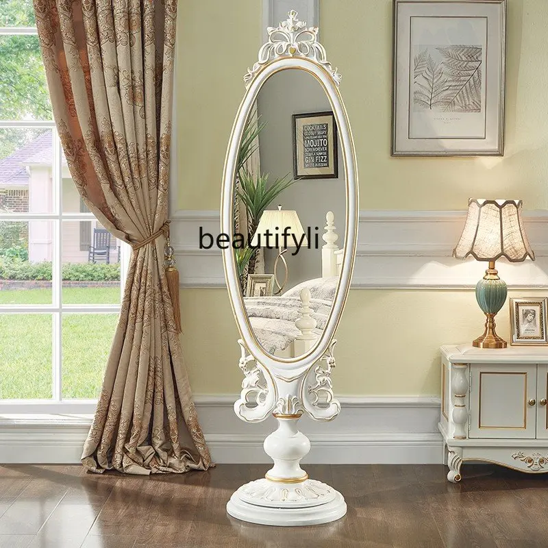 

yj European-Style Solid Wood Hand-Carved Dressing Mirror Full-Length Mirror Double Mirror Rotating Floor Mirror