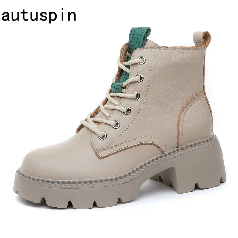 

Autuspin Retro Cow Leather Motorcycle Boots Women Round Toe Cross-tied High Heels Shoes British Style Casual Ankle Boots Female