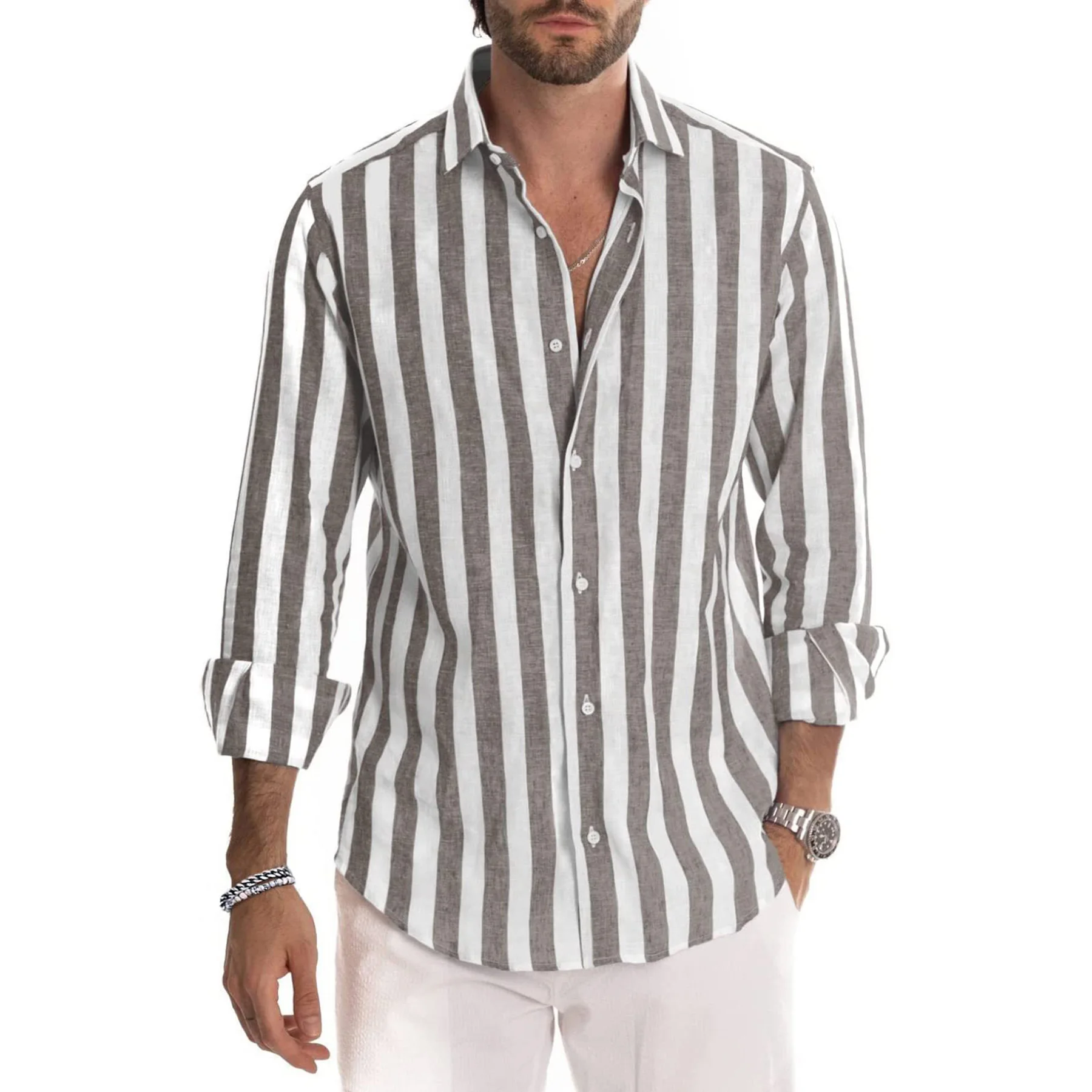 

Casual Men Striped Print Blouse Shirts Male Spring Summer Turn Down Collar Long Sleeve Button Loose Sand Beach Long Sleeve Tops