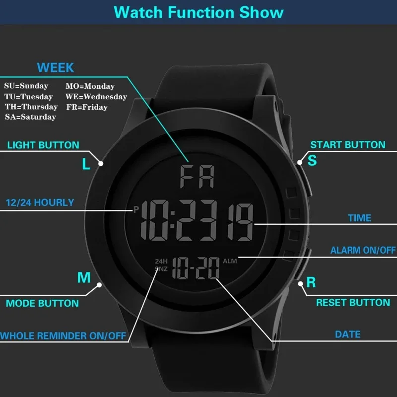 Classic Digital Watch for Men Electronic Waterproof LED Alarm Stopwatch Sport Casual - 3
