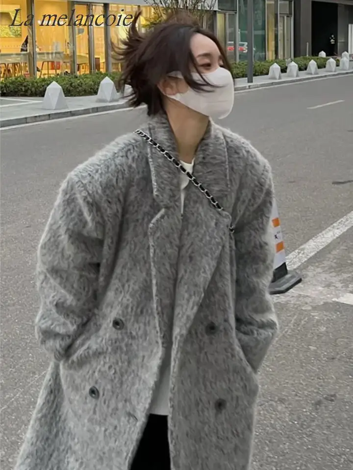 Mohair Wool Long Coat Women 2023 Autumn Winter New Vintage