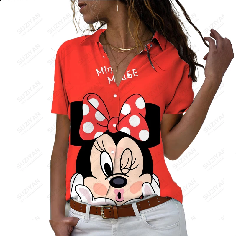 

Spring New Hot Selling Disney Women's Short Sleeve Shirt Button Cardigan Cute Minnie Elegant 3D Printed Women's Chiffon Shirt