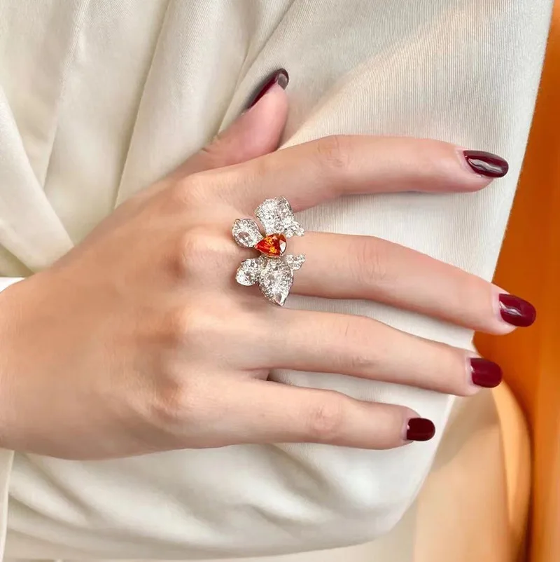 Deliciated Full Pave CZ Orange Butterfly Cocktail Rings for Summer Wear