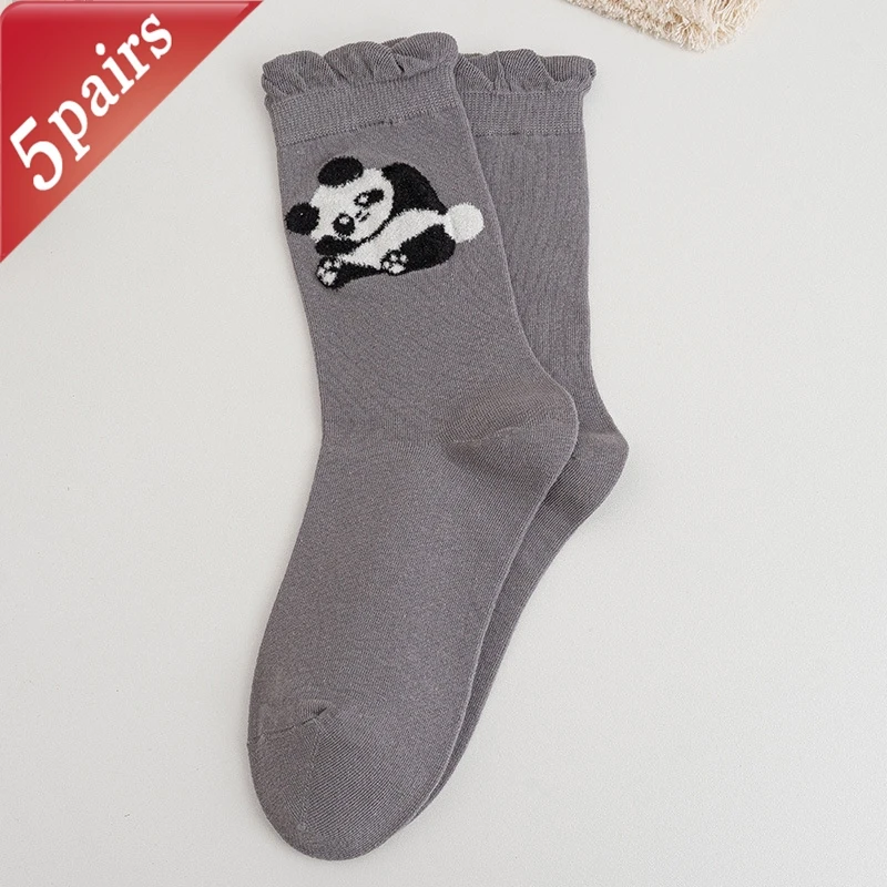 Women's Kawaii Cartoon Animal Mid Tube Cotton Socks - 5 Pairs Set