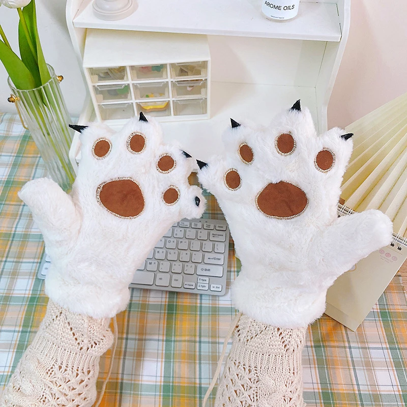 Cute Women Cat Paw Gloves Girls Cat Claw Plush Mittens Warm Soft Rabbit Fur Full Finger Half Finger Gloves Winter Gloves