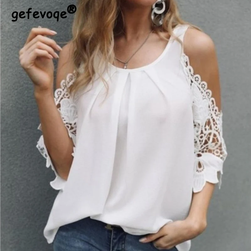 

Casual Fashion Sexy Hollow Out Off Shoulder Solid Color Blouse Spring Summer 2023 O-Neck Half Sleeve Loose Tops Women's Clothing