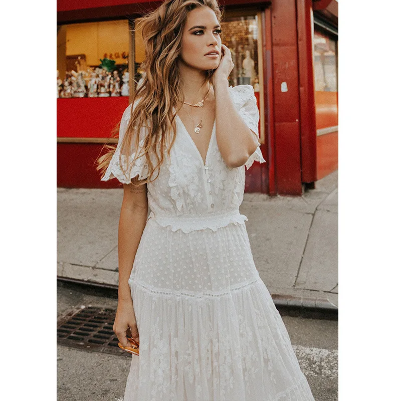 

V-neck Boho Sundress Vestidos vestidos de fiesta Dress 2023 Women Solid Short Sleeve Beach Sexy Lace Bohemian Maxi Dress Ladies
