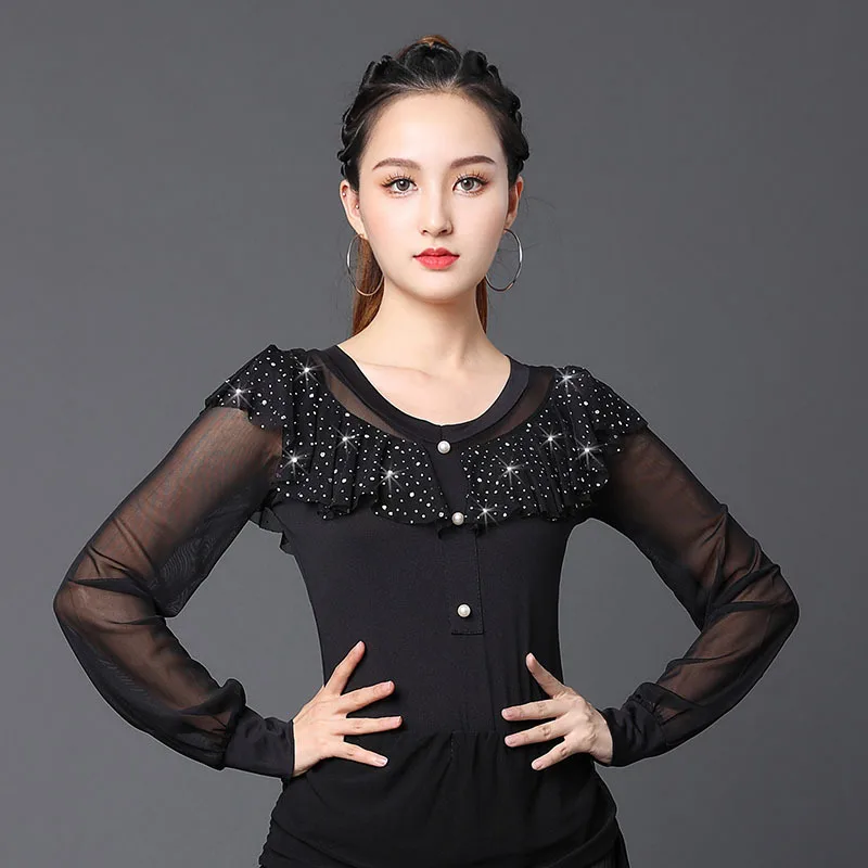 

Adult Sexy Latin Dance Costume Women Waltz Ballroom Modern Dancing Tops Long Sleeve Dancewear Stage Competition Clothes