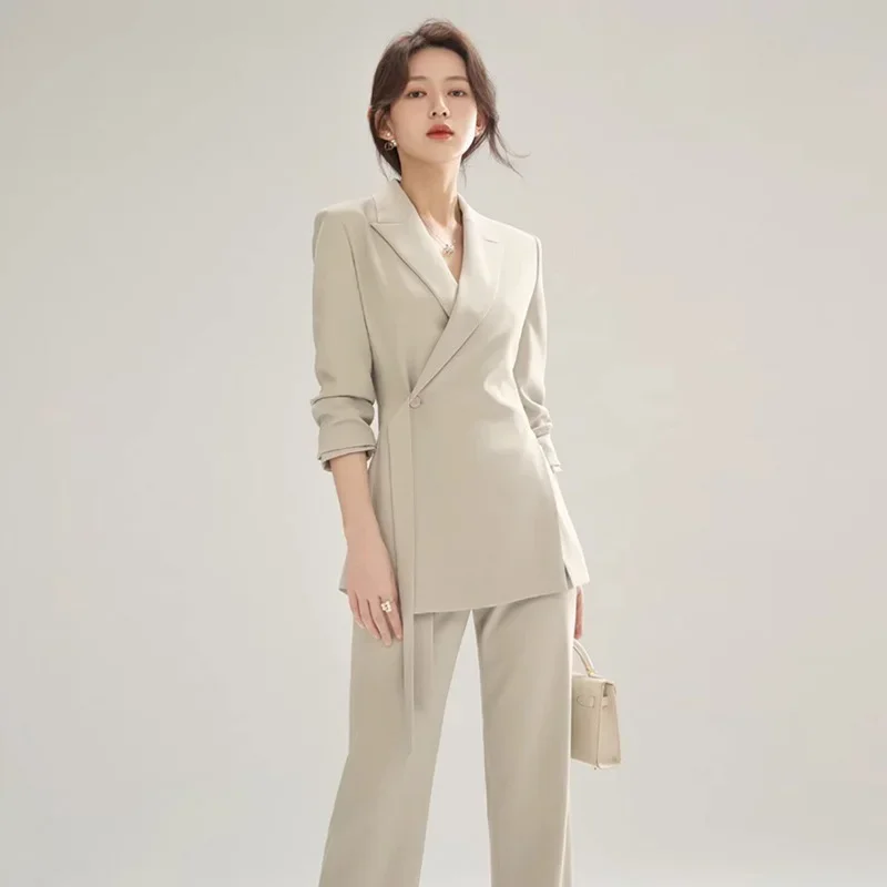 New Office Lady Solid Women Suits 2 Pieces Chic Long Sleeve Blazer High Waist Straight Pants Vintage Sets Female Fashion Clothes