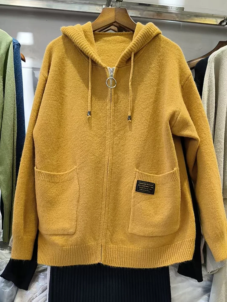 Women Knitted Hooded Sweatshirt Coat