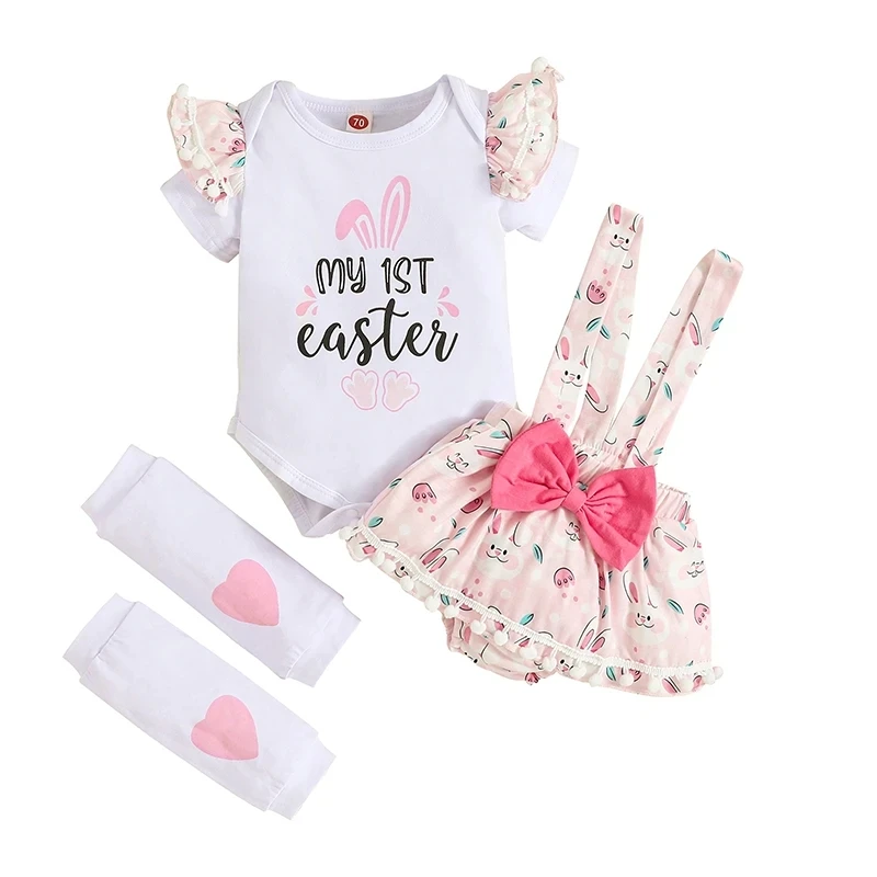 Low Price Cheap Clothes My First Easter Baby Girl Outfits Summer Rabbit Print Bodysuit+Suspender Shorts+Headband+Baby Socks