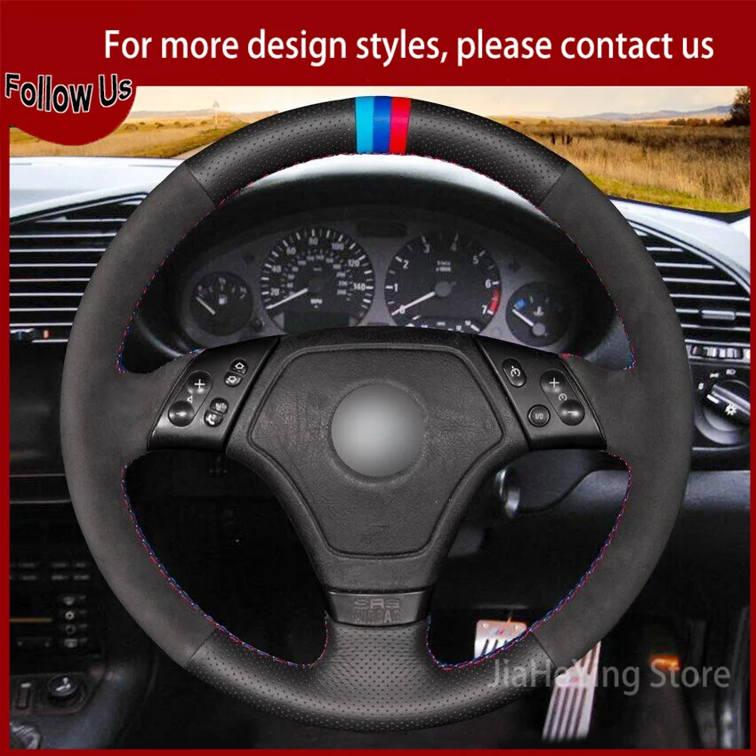 

Hand-sewn Black Suede Perforated Black Leather Car Steering Wheel Cover For BMW 3 Series E36 1996 1997-2000 E46