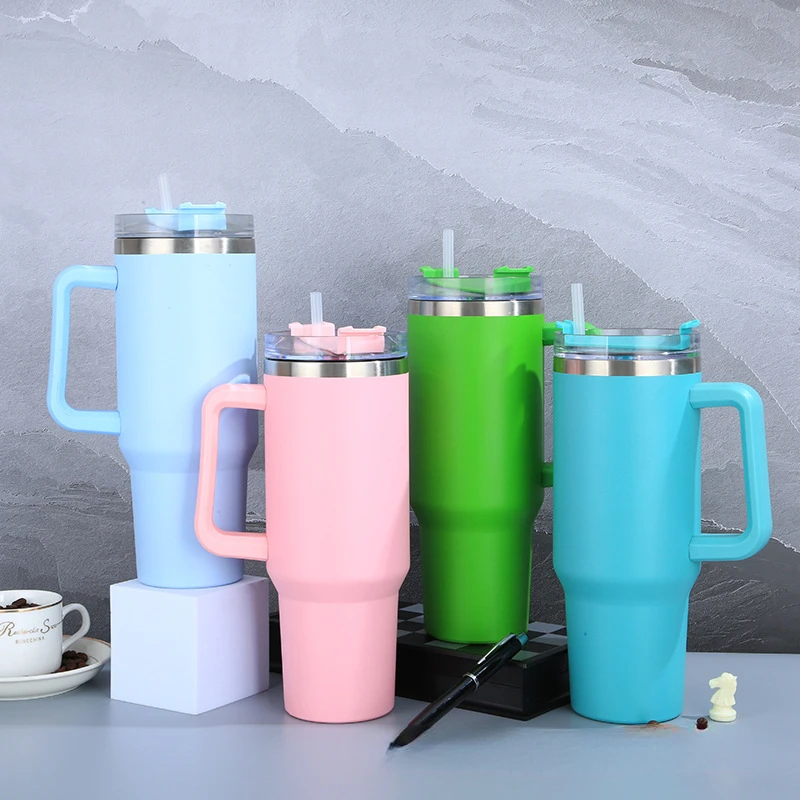 Tumbler 40oz Stainless Steel Car Mug with Handle Straw Double Wall Thermal Iced Travel Cup Vacuum Insulated Coffee