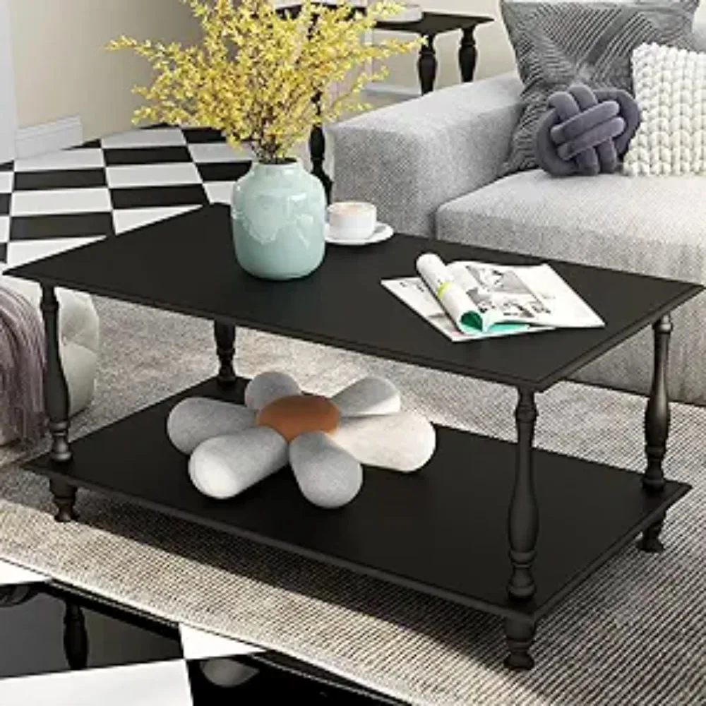

TaoHFE European Black Coffee Table with Storage Living Room Vintage Boho Coffee Table Unique Rectangle Coffe Table