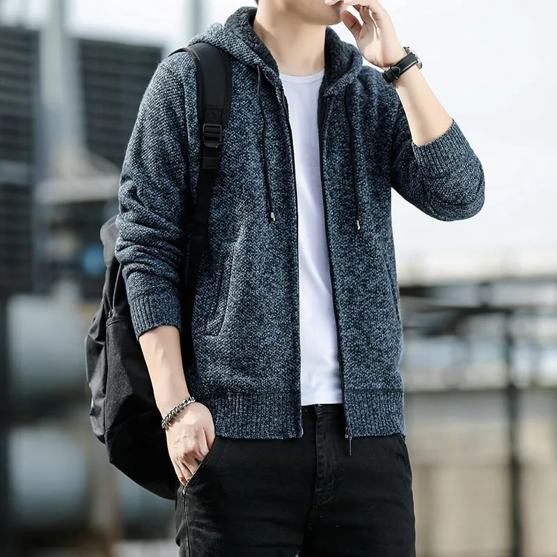 Hooded Men's Knitted Spring and Autumn Style Plush Men's 2023 Korean Version Trend Loose Zipper Pocket Versatile Sweater Jacket