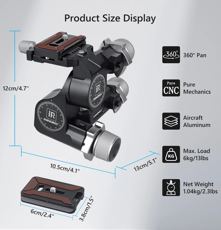 INNOREL GR7 CNC Aluminiumlegierung Hochpräziser 3-Wege-Getriebe-Stativkopf Tragfähigkeit 6kg Gewicht 1,05kg für Fotografie-Kameras – Detail 8