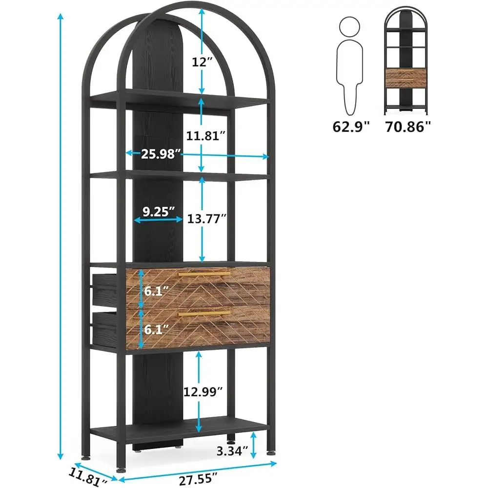 4-Tier Bookshelf with LED Light and Drawers Rustic Open Storage Shelf Display Rack Home Office Study 3