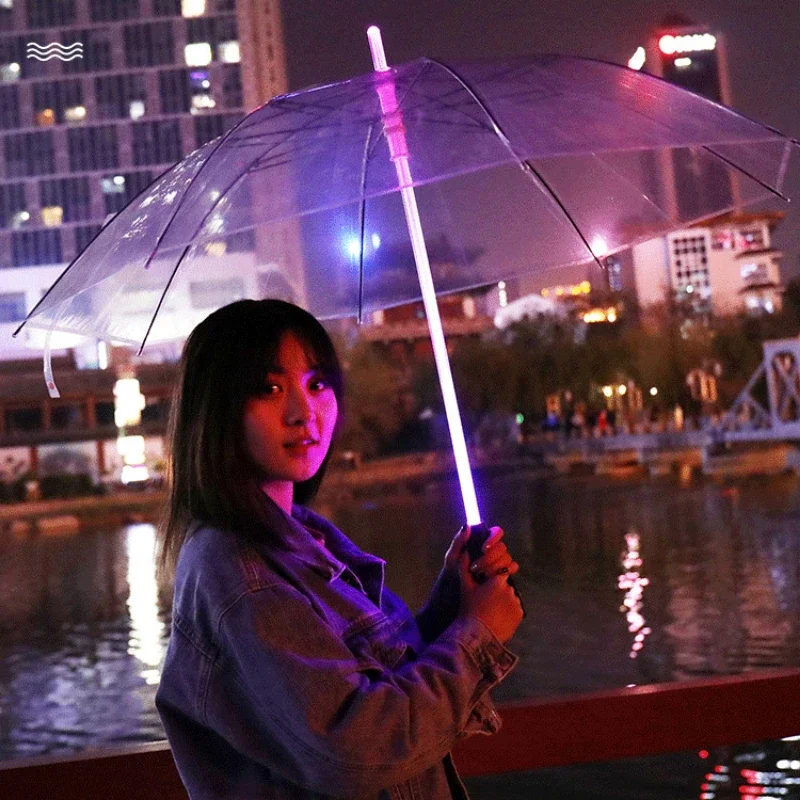 LED Flashing Transparent Umbrella Red Rain Umbrella for Men and Women Waterproof and Windproof for Hiking Night Walks