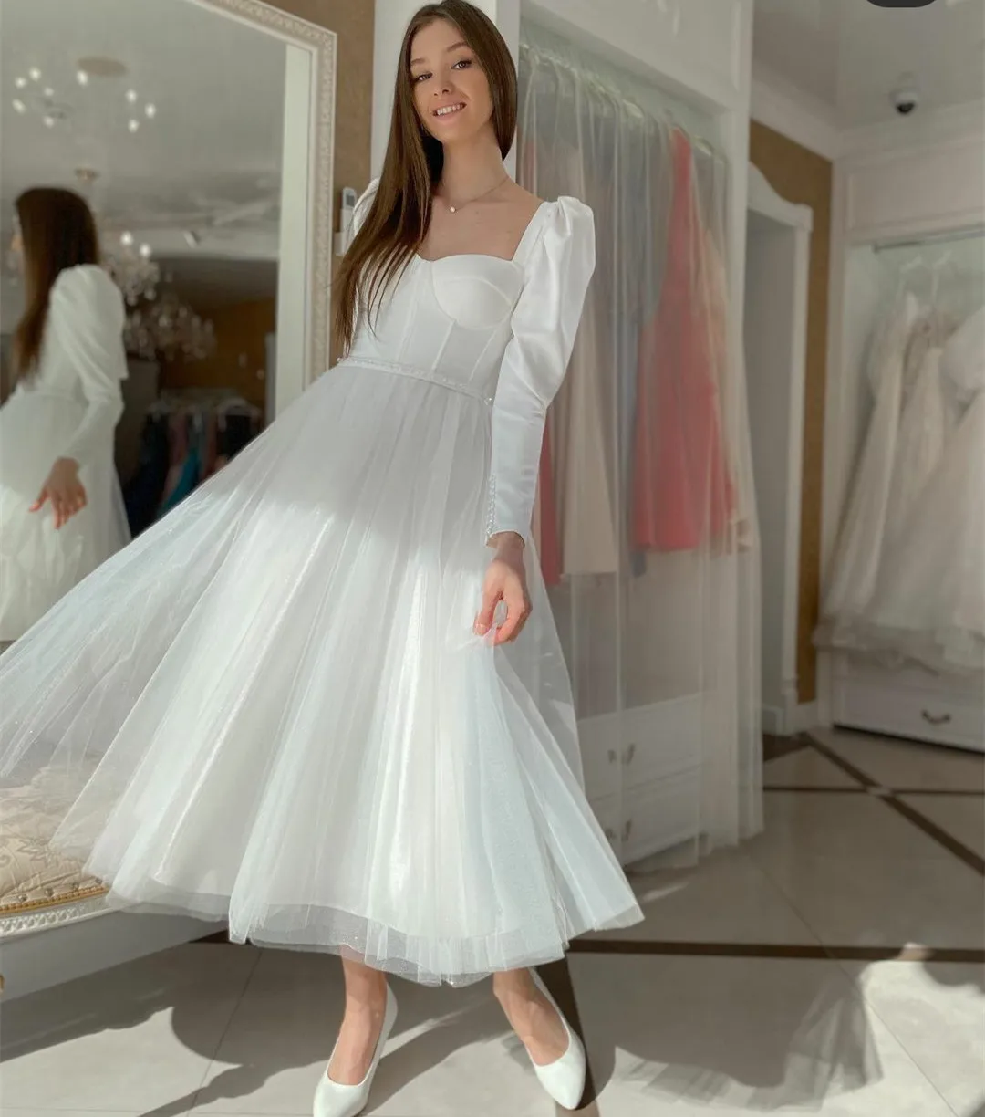 

Exquisite Long Sleeve Tulle Beaded Wedding Dresses A-Line Sweetheart Tea Length Zipper Back Bridal Custom Made for Women