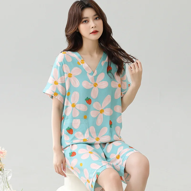 Women's Pajamas Sets 2-piece Sleepwear Lounge Sleep Set Soft Short Sleeve Tops with Pocket and Fifth Pants Knee Length Pjs Set