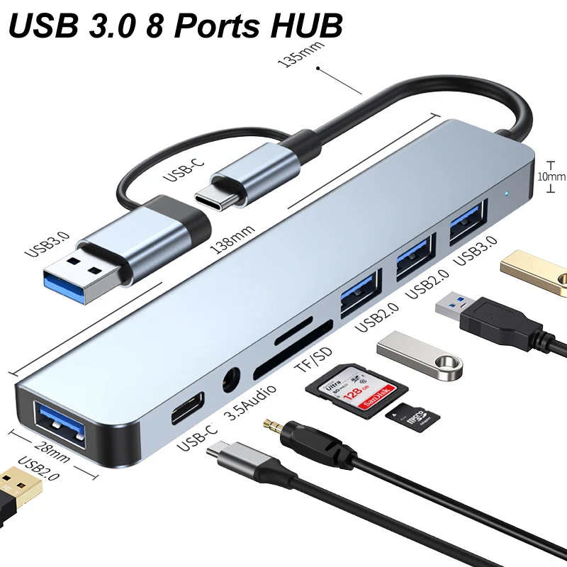 8 IN 1 USB TYPE C 3.0 HUB 3.5MM Audio SD TF Card reader 5Gbps OTG Keyboard mouse hard drive Macbook Pro Laptop PC Phone