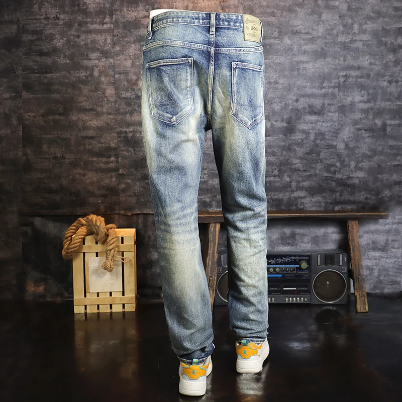 Fashion designer men's slit jeans, high-quality retro washed blue elastic slim fit jeans, men's retro casual denim pants