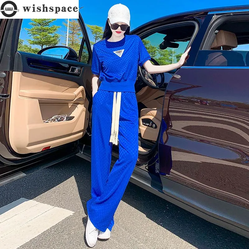 Spring and Summer Suit Women's 2023 New Korean Version Blue Casual Fashion Top Wide Leg Pants Elegant Women's Two-piece Set