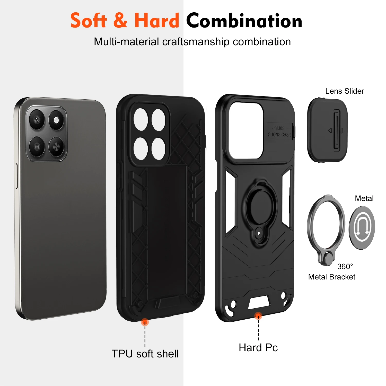 Rugged Armor Shockproof Phone Case with Slide Window and Metal Ring Holder