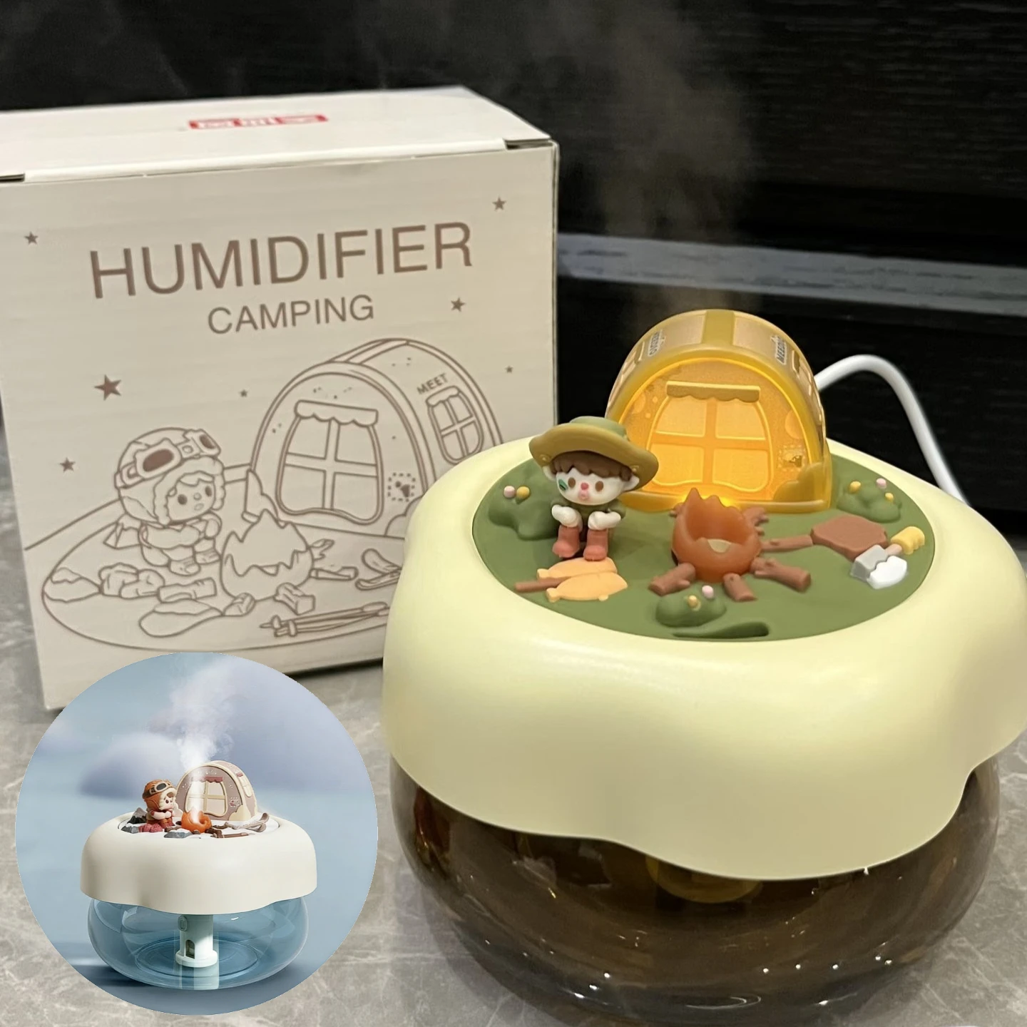 400ML 초음파 캠핑 가습기(야간 조명 포함) USB C 자동 꺼짐 기능 매우 ..