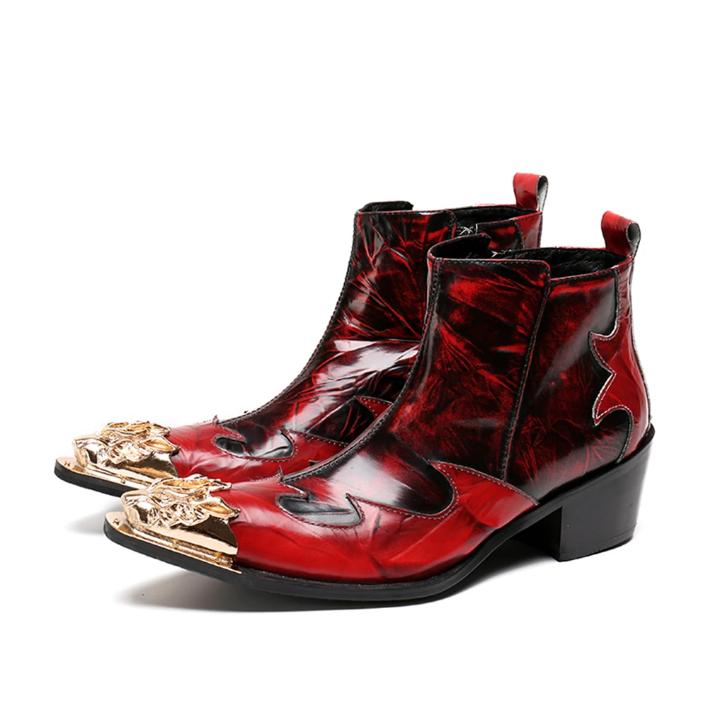 

Red Printing With Metal Zipper Genuine Leather Thick High Heels Pointed Toe Boots Size Fashion Party Wedding Dress Shoes
