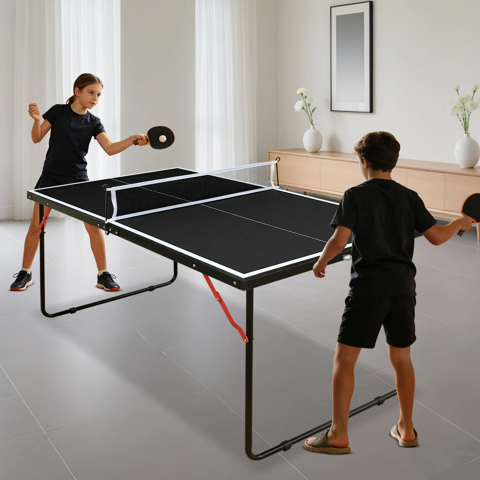 137,2 cm/4,5 FT Faltbarer Tischtennistisch-Set, Tragbarer Indoor-Outdoor Tischtennistisch mit Netz, Schlägern und Bällen, Schwarz – Detail 8