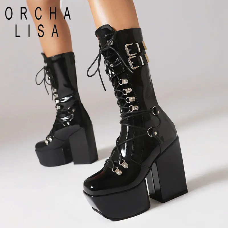 

ORCHA LISA Gothic Women Boots Square Toe Block Heels 12cm Platform Hill 5.5cm Zipper Lace Up Punk Ladies Booty Size 46 47 48
