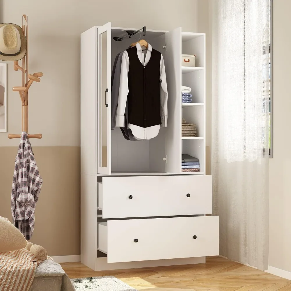 Wooden closet armoire with mirror, 2 doors, 2 drawers, 4 open storage cubes,and hanging rod for bedroom.35.5"L x 15.8"W x 70.8"H 4