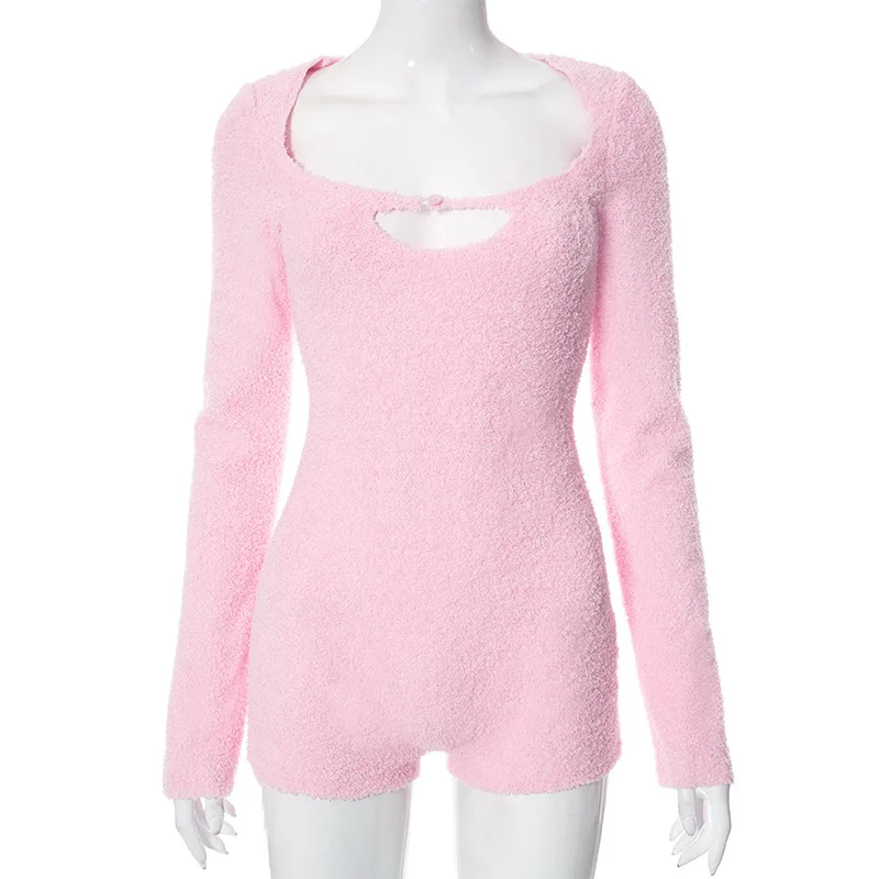 Autumn Winter Fleece Playsuits 2023 Women Sexy Hollow Out U-Neck Long Sleeve Slim Shorts Jumpsuits Casual Rompers Streetwear