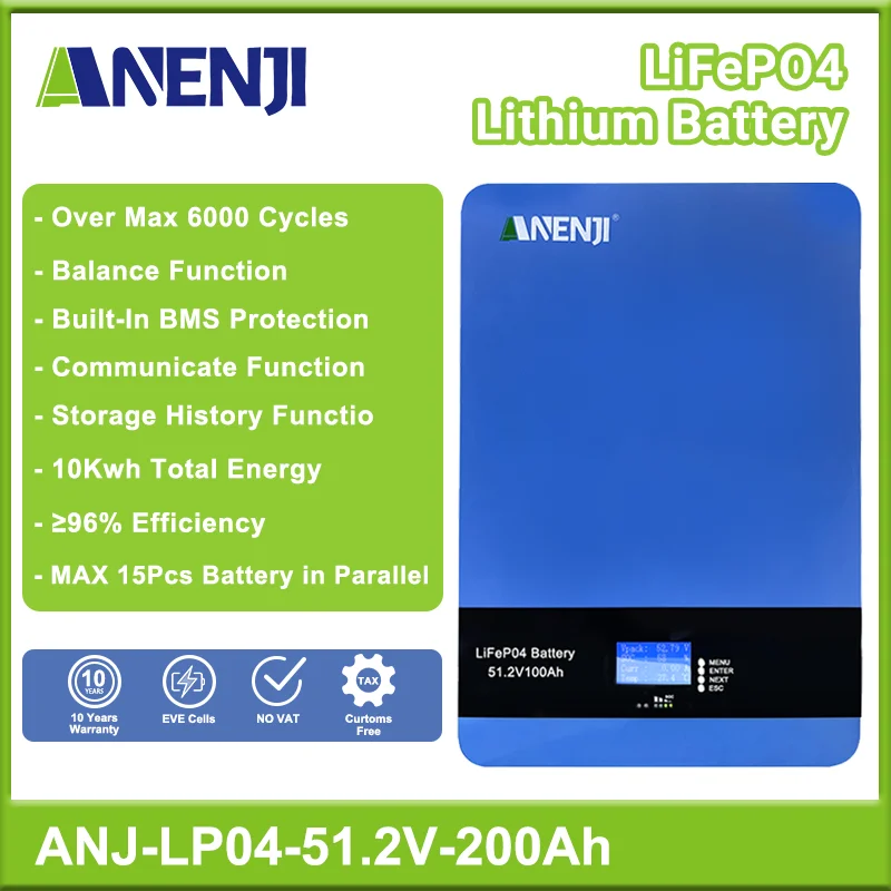 48V 51.2V 200Ah Powerwall Lifepo4 Batteria 16 Parallelo 6000 + Ciclo Can Rs485 Bms Integrato 10Kwh Per Inverter Solare Fotovoltaico Off/On Grid