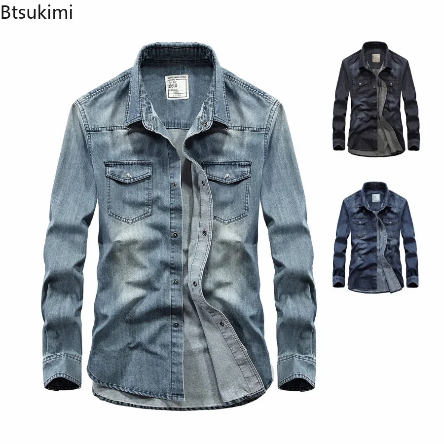 Men's Denim Jeans Shirt Long Sleeve 100% Cotton Casual Jean Shirt Top Male Shirts Plus Size 4XL