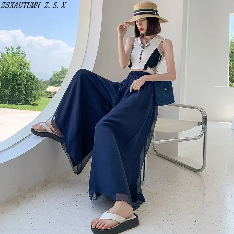 

Summer New Korean Chiffon Wide Leg Pants High Waist Casual Pants Baggy Female Elegant Fashion Slacks Pantalon Slim Wild Trousers