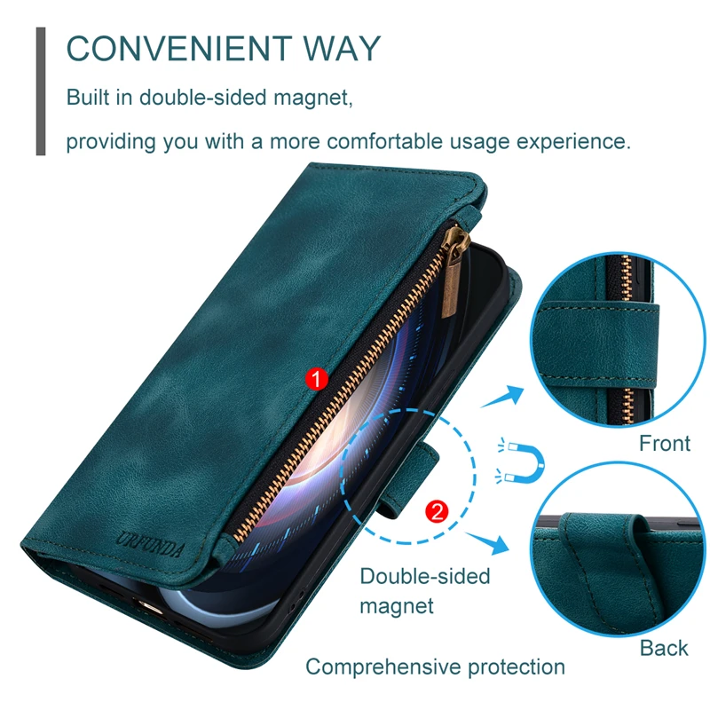 Luxury Retro Zipper Wallet Leather Flip Cover Case