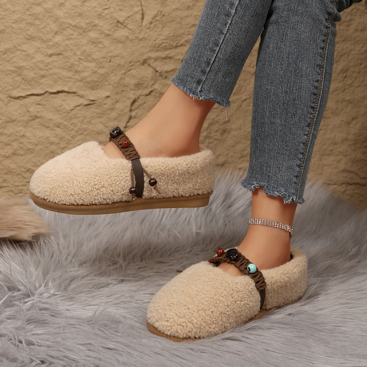 Soft Mink Fur Flats Women Beading Belt Mary Janes Winter Fluffy Shoes Ladies Warm Cotton Loafers Slip on Furry Mocasines Mujer